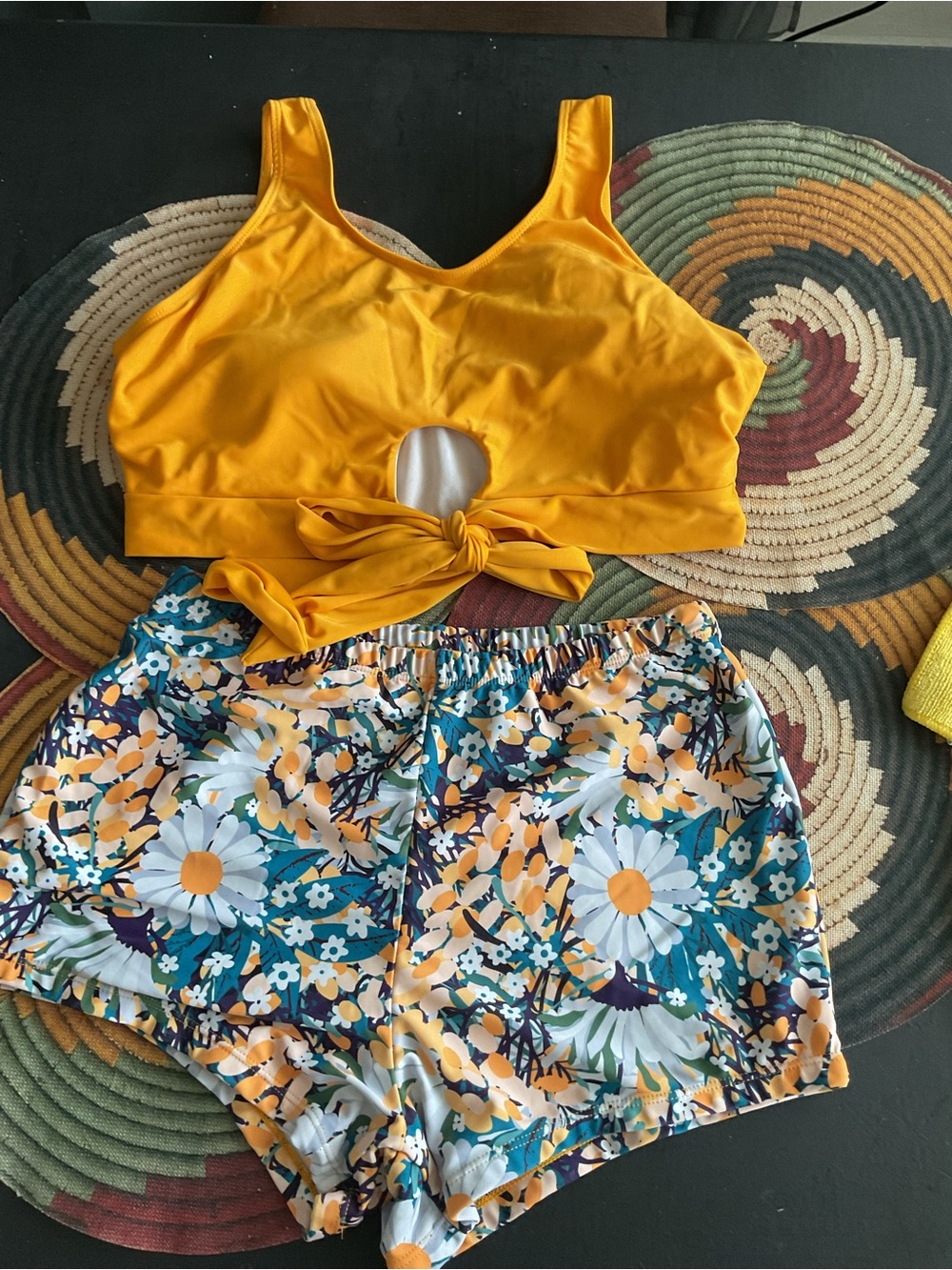 Women's Yellow Tie-Front Crop Top and Floral Shorts Set